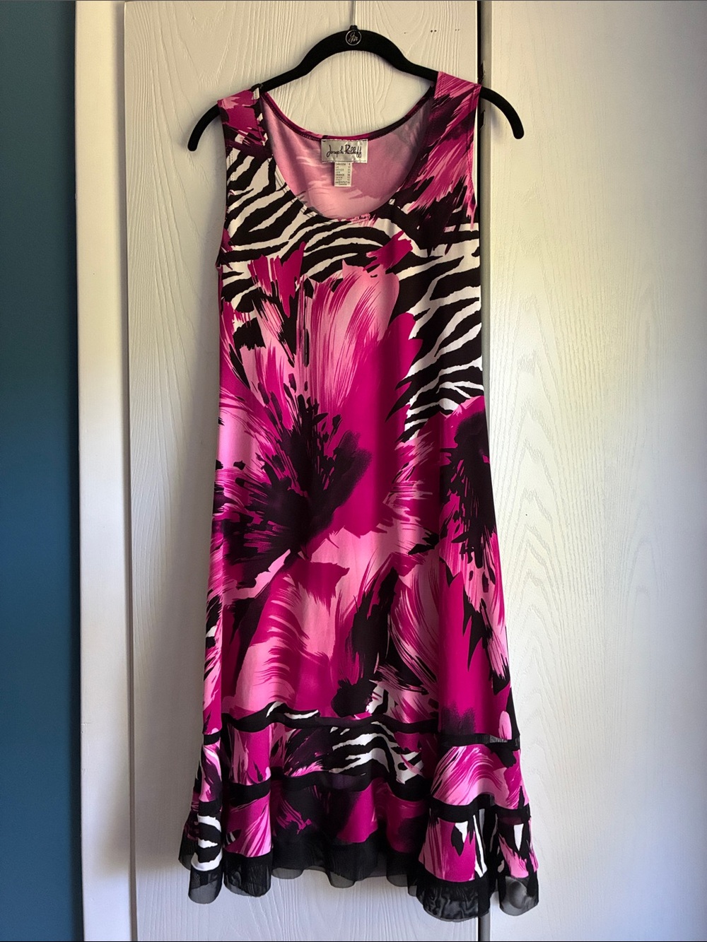 Joseph Ribkoff Fuchsia, Black & White Floral Zebra-Print Sleeveless Dress